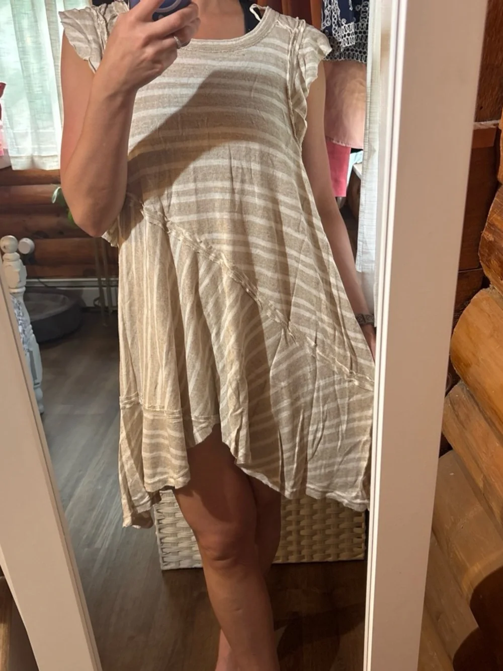 Free People Cream and White Striped Asymmetrical Ruffle Hem Mini Dress